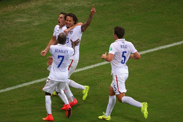 MANAUS, BRAZIL - JUNE 22:  Jermaine Jones celebrates his team's first goal with teammates Alejandro Bedoya, DaMarcus Beasley and Matt Besler of the United States during the 2014 FIFA World Cup Brazil Group G match between the United States and Portugal at Arena Amazonia on June 22, 2014 in Manaus, Brazil.  (Photo by Elsa/Getty Images)