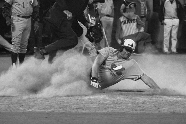 Montreals Rusty Staub slides home with the winning run in the second game of a double header, Monday, Sept. 25, 1979, Pittsburgh, Pa. Staub scored from second on a single by Ellis Valentine in the top of the ninth inning. The Expos, after losing the first game 5-2, won the record 7-6 to climb back into first place in the National League East. (AP Photo/Charles Kenneth Lucas)