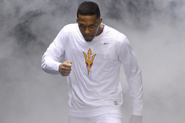 LAS VEGAS, NV - MARCH 13:  Jahii Carson #1 of the Arizona State Sun Devils is introduced during a quarterfinal game of the Pac-12 Basketball Tournament against the Stanford Cardinal at the MGM Grand Garden Arena on March 13, 2014 in Las Vegas, Nevada. Stanford won 79-58.  (Photo by Ethan Miller/Getty Images)