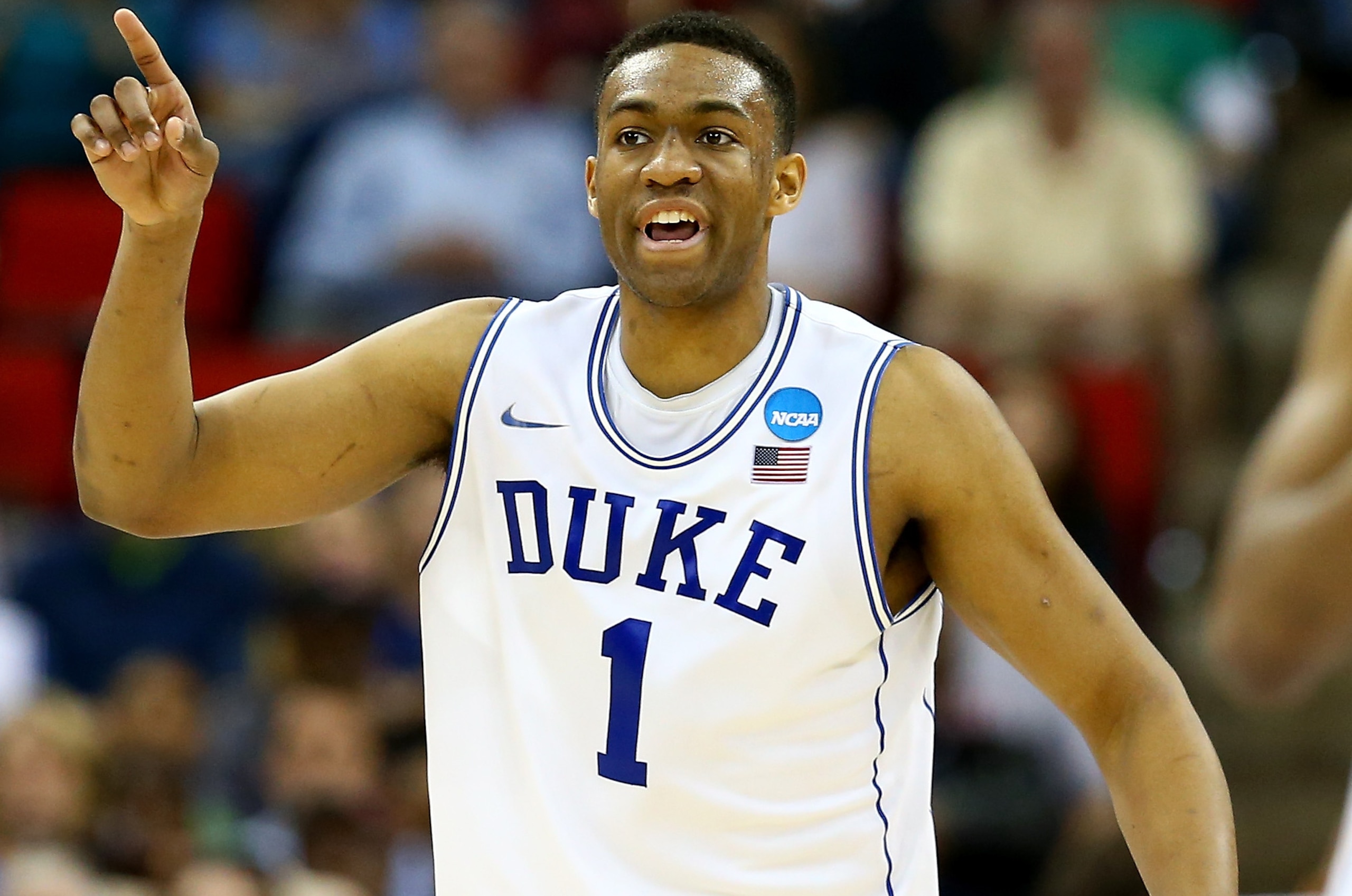 RALEIGH, NC - MARCH 21: Jabari Parker #1 of the Duke Blue Devils reacts in the second half against the Mercer Bears in the second round of the 2014 NCAA Men's Basketball Tournament at PNC Arena on March 21, 2014 in Raleigh, North Carolina. (Photo by Streeter Lecka/Getty Images) RALEIGH, NC - MARCH 21: Jabari Parker #1 of the Duke Blue Devils reacts in the second half against the Mercer Bears in the second round of the 2014 NCAA Men's Basketball Tournament at PNC Arena on March 21, 2014 in Raleigh, North Carolina. (Photo by Streeter Lecka/Getty Images)