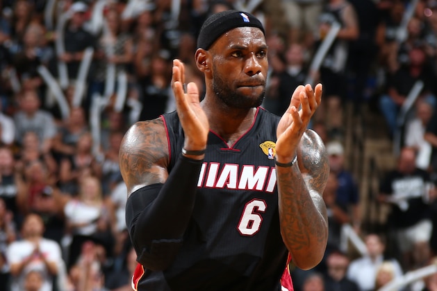 SAN ANTONIO, TX - JUNE 15: LeBron James #6 of the Miami Heat reacts during Game Five of the 2014 NBA Finals at AT&T Center on June 15, 2014 in San Antonio, Texas. NOTE TO USER: User expressly acknowledges and agrees that, by downloading and/or using this photograph, user is consenting to the terms and conditions of the Getty Images License Agreement. Mandatory Copyright Notice: Copyright 2014 NBAE (Photo by Nathaniel S. Butler/NBAE via Getty Images) SAN ANTONIO, TX - JUNE 15: LeBron James #6 of the Miami Heat reacts during Game Five of the 2014 NBA Finals at AT&T Center on June 15, 2014 in San Antonio, Texas. NOTE TO USER: User expressly acknowledges and agrees that, by downloading and/or using this photograph, user is consenting to the terms and conditions of the Getty Images License Agreement. Mandatory Copyright Notice: Copyright 2014 NBAE (Photo by Nathaniel S. Butler/NBAE via Getty Images)