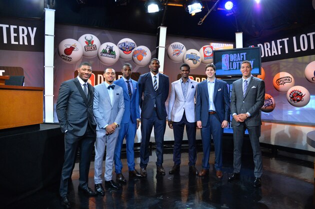NEW YORK - MAY 20: NBA Draft Prospects Marcus Smart, Tyler Ennis, Andrew Wiggins, Joel Embiid, Noah Vonleh, Doug McDermott and Aaron Gordon poses for a photo during to the 2014 NBA Draft Lottery on May 20, 2014 at the ABC News' 'Good Morning America' Times Square Studio in New York City.  NOTE TO USER: User expressly acknowledges and agrees that, by downloading and/or using this photograph, user is consenting to the terms and conditions of the Getty Images License Agreement. Mandatory Copyright Notice: Copyright 2014 NBAE (Photo by Jesse D. Garrabrant/NBAE via Getty Images)