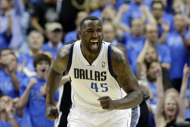 Dallas Mavericks' DeJuan Blair (45) celebrates scoring against the San Antonio Spurs in the second half of Game 4 of an NBA basketball first-round playoff series, Monday, April 28, 2014, in Dallas. The Spurs won 93-89. (AP Photo/Tony Gutierrez)