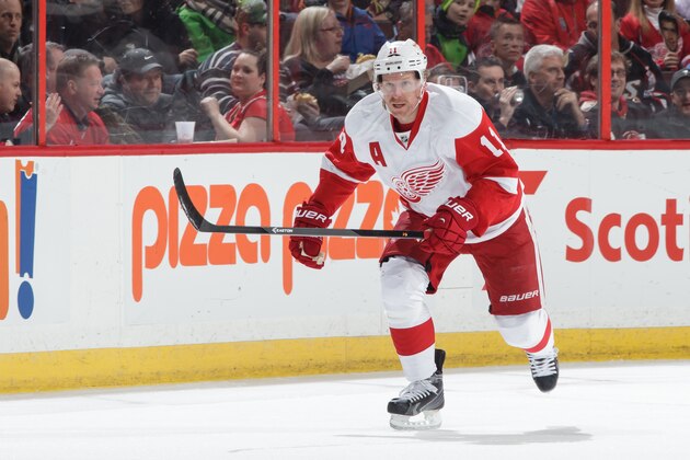 OTTAWA, ON - FEBRUARY 27: Daniel Alfredsson #11 of the Detroit Red Wings skates against the Ottawa Senators during an NHL game at Canadian Tire Centre on February 27, 2014 in Ottawa, Ontario, Canada.  (Photo by Jana Chytilova/NHLI via Getty Images)