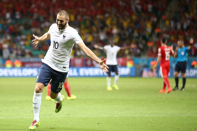 SALVADOR, BRAZIL - JUNE 20: Karim Benzema of France celebrates a goal that came after the referee had blown full time during the 2014 FIFA World Cup Brazil Group E match between Switzerland and France at Arena Fonte Nova on June 20, 2014 in Salvador, Brazil.  (Photo by Adam Pretty/Getty Images)
