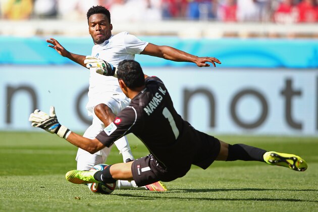 BELO HORIZONTE, BRAZIL - JUNE 24: Goalkeeper Keylor Navas of Costa Rica makes a save on Daniel Sturridge of England during the 2014 FIFA World Cup Brazil Group D match between Costa Rica and England at Estadio Mineirao on June 24, 2014 in Belo Horizonte, Brazil.  (Photo by Paul Gilham/Getty Images)