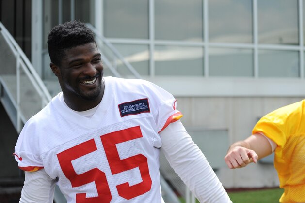 Jun 17, 2014; Kansas City, MO, USA; Kansas City Chiefs quarterback Aaron Murray (7) and linebacker Dee Ford (55) pose for photos after the Kansas City Chiefs minicamp at University of Kansas Hospital Training Complex. Mandatory Credit: Denny Medley-USA TODAY Sports