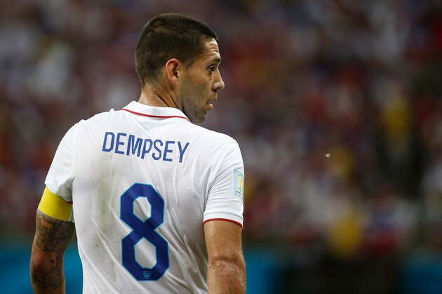 Jun 22, 2014; Manaus, Amazonas, BRAZIL; United States forward Clint Dempsey (8) looks on with a black eye during the first half of a 2014 World Cup game against Portugal at Arena Amazonia. Mandatory Credit: Winslow Townson-USA TODAY Sports Jun 22, 2014; Manaus, Amazonas, BRAZIL; United States forward Clint Dempsey (8) looks on with a black eye during the first half of a 2014 World Cup game against Portugal at Arena Amazonia. Mandatory Credit: Winslow Townson-USA TODAY Sports
