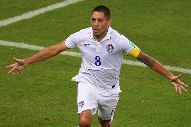 MANAUS, BRAZIL - JUNE 22:  Clint Dempsey of the United States celebrates after scoring his team's second goal during the 2014 FIFA World Cup Brazil Group G match between the United States and Portugal at Arena Amazonia on June 22, 2014 in Manaus, Brazil.  (Photo by Elsa/Getty Images)