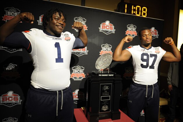 Jan 4, 2014; Newport Beach, CA, USA; Auburn Tigers defensive tackle Montravius Adams (1) and Auburn Tigers defensive end Elijah Daniel (97) during the BCS National Championship Media Day at Newport Beach Marriott. Mandatory Credit: Kelvin Kuo-USA TODAY Sports