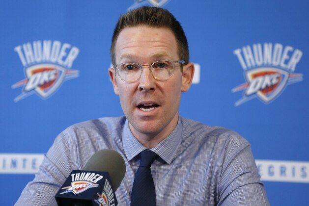Sam Presti, general manager of the NBA's Oklahoma City Thunder basketball team, answers questions during a news conference in Oklahoma City, Wednesday, Sept. 25, 2013. (AP Photo/Sue Ogrocki)