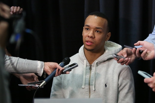 CHICAGO, IL - May 15:  NBA draft prospect Shabazz Napier answers questions during a media circuit at the 2014 Draft Combine on May 15, 2014 at Quest Multisport in Chicago, Illinois. NOTE TO USER:  User expressly acknowledges and agrees that, by downloading and or using this Photograph, user is consenting to the terms and conditions of the Getty Images License Agreement.  Mandatory Copyright Notice:  Copyright 2014 NBAE (Photo by Gary Dineen/NBAE via Getty Images)