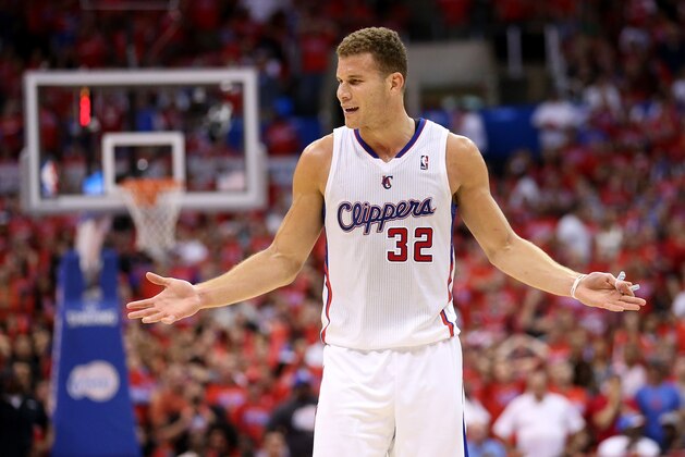 LOS ANGELES, CA - MAY 15:  Blake Griffin #32 of the Los Angeles Clippers complains to a referee against the Oklahoma City Thunder in Game Six of the Western Conference Semifinals during the 2014 NBA Playoffs at Staples Center on May 15, 2014 in Los Angeles, California.  The Thunder won 10-98 win the series four games to two.  NOTE TO USER: User expressly acknowledges and agrees that, by downloading and or using this photograph, User is consenting to the terms and conditions of the Getty Images License Agreement.  (Photo by Stephen Dunn/Getty Images)