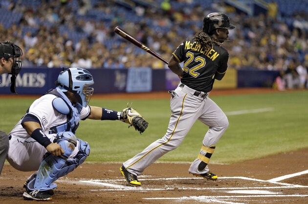 Pittsburgh Pirates' Andrew McCutchen (22) grounds out to Tampa Bay Rays second baseman Ben Zobrist during the first inning of an interleague baseball game Tuesday, June 24, 2014, in St. Petersburg, Fla. Pirates' Gregory Polanco scored on the play. Catching for the Rays Jose Molina. (AP Photo/Chris O'Meara)