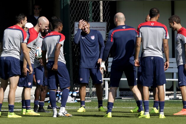 United States' goalkeeper Nick Rimando, center, reacts while congregating with teammates during a training session in Sao Paulo, Brazil, Tuesday, June 24, 2014. The United States will play Germany in group G of the 2014 soccer World Cup on June 26 in Recife, Brazil. (AP Photo/Julio Cortez)