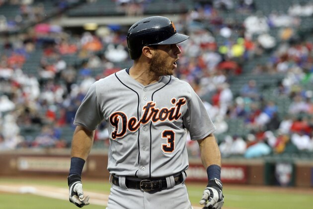 Detroit Tigers' Ian Kinsler (3) celebrates after hitting a solo home run in his first at bat that came off of Texas Rangers' Colby Lewis in the first inning of a baseball game, Tuesday, June 24, 2014, in Arlington, Texas. The game is the first appearance by Kinsler in the ballpark since being traded to the Tigers for Prince Fielder. (AP Photo/Tony Gutierrez)