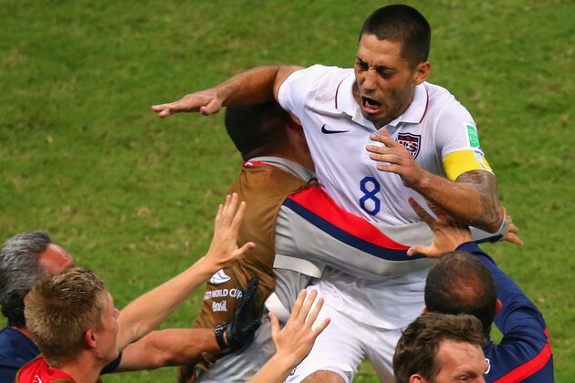 MANAUS, BRAZIL - JUNE 22: Clint Dempsey of the United States celebrates with teammates after scoring his team's second goal during the 2014 FIFA World Cup Brazil Group G match between the United States and Portugal at Arena Amazonia on June 22, 2014 in Manaus, Brazil.  (Photo by Elsa/Getty Images)