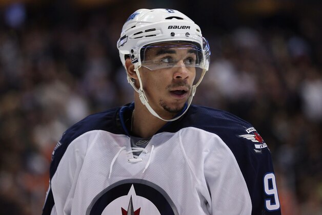 ANAHEIM, CA - JANUARY 21:  Evander Kane #9 of the Winnipeg Jets looks on against the Anaheim Ducks at Honda Center on January 21, 2014 in Anaheim, California.  (Photo by Jeff Gross/Getty Images)