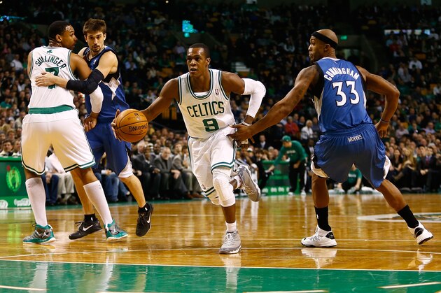 BOSTON, MA - DECEMBER 05:  Rajon Rondo #9 of the Boston Celtics plays against the Minnesota Timberwolves during the game on December 5, 2012 at TD Garden in Boston, Massachusetts. NOTE TO USER:  User expressly acknowledges and agrees that, by downloading and or using this photograph, User is consenting to the terms and conditions of the Getty Images License Agreement. (Photo by Jared Wickerham/Getty Images)