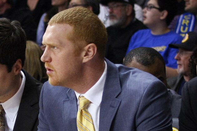 SANTA CRUZ - April 1:  Golden State Warriors Assistant coach Brian Scalabrine watches the Santa Cruz Warriors from the bench against the Bakersfield Jam on April 1, 2014 at Kaiser Permanente Arena in Santa Cruz, California. NOTE TO USER: User expressly acknowledges and agrees that, by downloading and/or using this Photograph, user is consenting to the terms and conditions of the Getty Images License Agreement. Mandatory Copyright Notice: Copyright 2014 NBAE (Photo by Tim Cattera/NBAE via Getty Images)