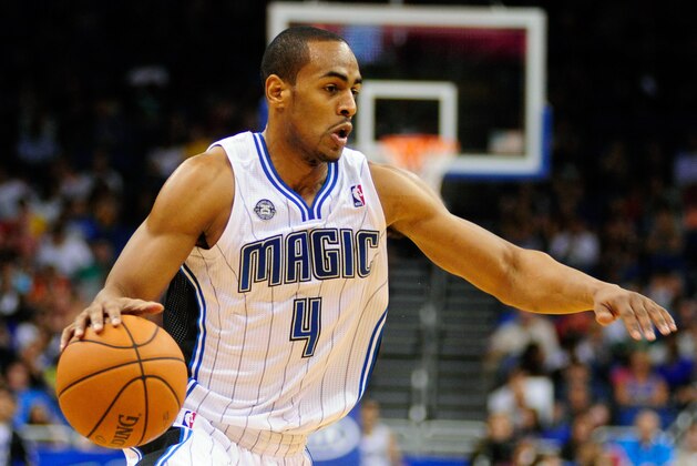 Oct 11, 2013; Orlando, FL, USA; Orlando Magic shooting guard Arron Afflalo (4) drives the lane against the Cleveland Cavaliers at Amway Center. Mandatory Credit: David Manning-USA TODAY Sports