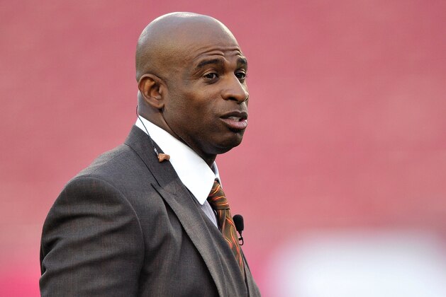Oct 24, 2013; Tampa, FL, USA; NFL Network analyst Deion Sanders  looks on before a game between the Carolina Panthers and the Tampa Bay Buccaneers at Raymond James Stadium. Mandatory Credit: Steve Mitchell-USA TODAY Sports