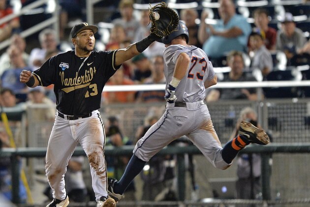 Omaha, NE - JUNE 24:  Derek Fisher #23 of the Virginia Cavaliers is forced out at first base by Zander Wiel #43 of the Vanderbilt Commodores in the ninth inning during game two of the College World Series Championship Series on June 24, 2014 at TD Ameritrade Park in Omaha, Nebraska.  Virginia defeated Vanderbilt 7-2. (Photo by Peter Aiken/Getty Images)
