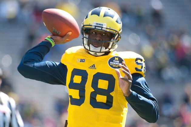 Apr 5, 2014; Ann Arbor, MI, USA; Michigan Wolverines quarterback Devin Gardner (98) before the Spring Game at Michigan Stadium. Mandatory Credit: Tim Fuller-USA TODAY Sports