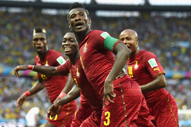 FORTALEZA, BRAZIL - JUNE 21:  Asamoah Gyan of Ghana celebrates scoring his team's second goal during the 2014 FIFA World Cup Brazil Group G match between Germany and Ghana at Castelao on June 21, 2014 in Fortaleza, Brazil.  (Photo by Laurence Griffiths/Getty Images)