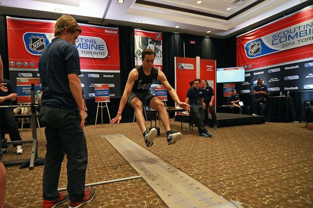 TORONTO, CANADA - MAY 31:  Prospect Alex Tuch performs a test during the NHL Combine May 31, 2014 at the International Centre in Toronto,  Ontario, Canada.  (Photo by Dave Sandford/Getty Images)