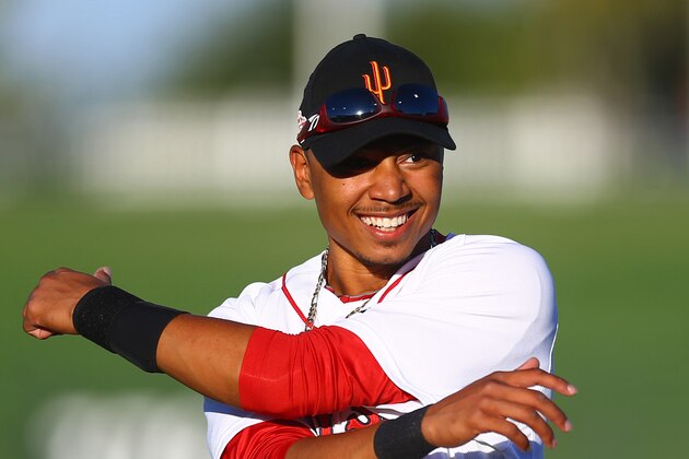 Nov 2, 2013; Surprise, AZ, USA; Boston Red Sox infielder Mookie Betts against the East during the Fall Stars Game at Surprise Stadium. Mandatory Credit: Mark J. Rebilas-USA TODAY Sports