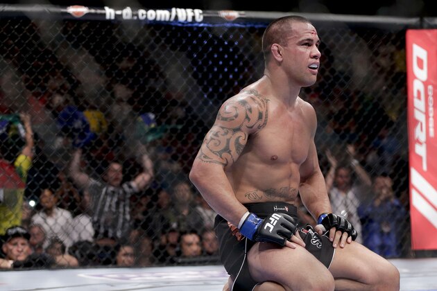 James Te Huna, of Penrith Australia, reacts, after losing by technical knockout in the first round against Glover Teixeira during a UFC 160 mixed martial arts light heavyweight bout, Saturday, May 25, 2013, in Las Vegas. Te Huna was held in a head and arm choke by Teixeira. (AP Photo/Julie Jacobson)