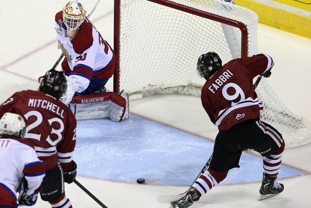 LONDON, ON - MAY 25:  Robby Fabbri #9 of the Guelph Storm scores at 1:00 of the first period against Tristan Jarry #30 of the Edmonton Oil Kings  during the 2014 Memorial Cup championship game at Budweiser Gardens on May 25, 2014 in London, Ontario, Canada.  (Photo by Bruce Bennett/Getty Images)