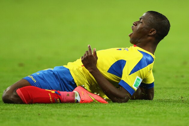 CURITIBA, BRAZIL - JUNE 20:  Enner Valencia of Ecuador celebrates scoring his team's second goal during the 2014 FIFA World Cup Brazil Group E match between Honduras and Ecuador at Arena da Baixada on June 20, 2014 in Curitiba, Brazil.  (Photo by Julian Finney/Getty Images)