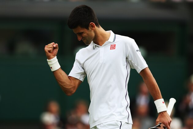 LONDON, ENGLAND - JUNE 25:  Novak Djokovic of Serbia celebrates during his Gentlemen's Singles second round match against Radek Stepanek of Czech Republic on day three of the Wimbledon Lawn Tennis Championships at the All England Lawn Tennis and Croquet Club at Wimbledon on June 25, 2014 in London, England.  (Photo by Steve Bardens/Getty Images)