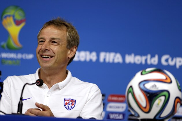 United States' head coach Jurgen Klinsmann attends a press conference before a training session in Recife, Brazil, Wednesday, June 25, 2014. The U.S. will play Germany in group G of the 2014 soccer World Cup on June 26. (AP Photo/Julio Cortez)