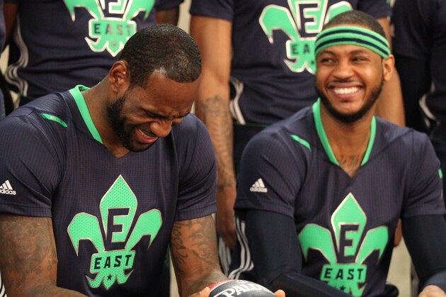NEW ORLEANS, LA - FEBRUARY 16: LeBron James #6, Dwayne Wade #3, and Carmelo Anthony #7 of the Eastern Conference All-Stars laugh before the 2014 NBA All-Star Game at Smoothie King Center on February 16, 2014 in New Orleans, Louisiana. NOTE TO USER: User expressly acknowledges and agrees that, by downloading and/or using this photograph, user is consenting to the terms and conditions of the Getty Images License Agreement.  Mandatory Copyright Notice: Copyright 2014 NBAE (Photo by Bruce Yeung/NBAE via Getty Images)