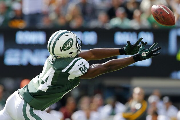 EAST RUTHERFORD, NJ - OCTOBER 13: Wide receiver Stephen Hill #846 of the New York Jets makes an attempt to catch an overthrown pass against the Pittsburgh Steelers in the first quarter during a game at MetLife Stadium on October 13, 2013 in East Rutherford, New Jersey. The Steelers defeated the Jets 19-6. (Photo by Rich Schultz /Getty Images)