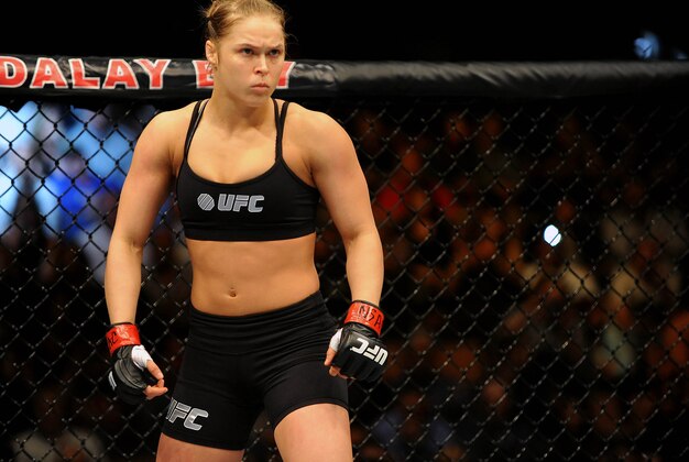 Feb 22, 2014; Las Vegas, NV, USA; Ronda Rousey prepares to begin a women's bantamweight championship defense against Sara McMann during the main event of UFC 170 at Mandalay Bay.  Mandatory Credit: Stephen R. Sylvanie-USA TODAY Sports