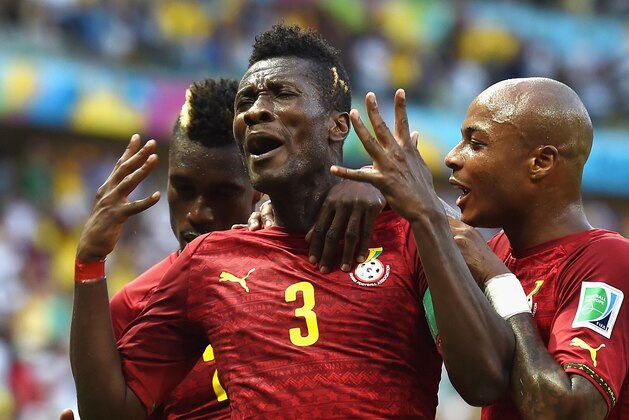 FORTALEZA, BRAZIL - JUNE 21:  Asamoah Gyan of Ghana celebrates scoring his team's second goal during the 2014 FIFA World Cup Brazil Group G match between Germany and Ghana at Castelao on June 21, 2014 in Fortaleza, Brazil.  (Photo by Laurence Griffiths/Getty Images)