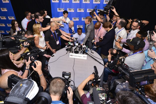 NEW YORK - JUNE 25: NBA Draft Prospect Andrew Wiggins,  speaks to the media during media availability as part of the 2014 NBA Draft on June 25, 2014 at the Westin Times Square in New York City. NOTE TO USER: User expressly acknowledges and agrees that, by downloading and/or using this photograph, user is consenting to the terms and conditions of the Getty Images License Agreement.  Mandatory Copyright Notice: Copyright 2013 NBAE (Photo by David Dow/NBAE via Getty Images)