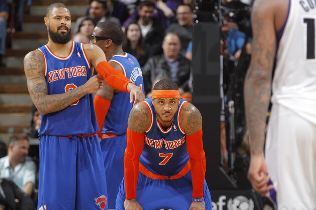 SACRAMENTO, CA - MARCH 26: Tyson Chandler #6 and Carmelo Anthony #7 of the New York Knicks in a game against the Sacramento Kings on March 26, 2014 at Sleep Train Arena in Sacramento, California. NOTE TO USER: User expressly acknowledges and agrees that, by downloading and or using this photograph, User is consenting to the terms and conditions of the Getty Images Agreement. Mandatory Copyright Notice: Copyright 2014 NBAE (Photo by Rocky Widner/NBAE via Getty Images)