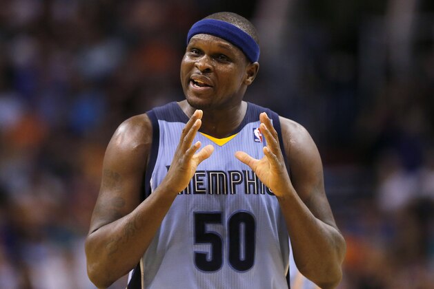 Memphis Grizzlies' Zach Randolph smiles during the second half of an NBA basketball game against the Phoenix Suns, Monday, April 14, 2014, in Phoenix. The Grizzlies won 97-91. (AP Photo/Matt York)