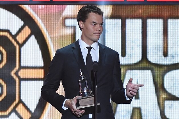 LAS VEGAS, NV - JUNE 24:  Tuukka Rask of the Boston Bruins speaks after winning the Vezina Trophy during the 2014 NHL Awards at the Encore Theater at Wynn Las Vegas on June 24, 2014 in Las Vegas, Nevada.  (Photo by Ethan Miller/Getty Images)