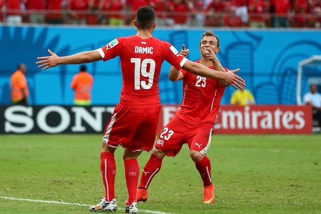 MANAUS, BRAZIL - JUNE 25:  Xherdan Shaqiri of Switzerland celebrates scoring  his team's third goal and complete his hat trick during the 2014 FIFA World Cup Brazil Group E match between Honduras and Switzerland at Arena Amazonia on June 25, 2014 in Manaus, Brazil.  (Photo by Clive Brunskill/Getty Images)