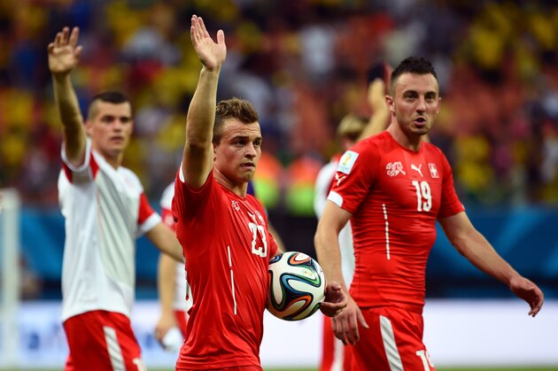 MANAUS, BRAZIL - JUNE 25:  Xherdan Shaqiri of Switzerland acknowledges the fans after a 3-0 victory over Honduras in the 2014 FIFA World Cup Brazil Group E match between Honduras and Switzerland at Arena Amazonia on June 25, 2014 in Manaus, Brazil.  (Photo by Stu Forster/Getty Images)