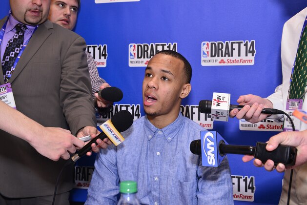 NEW YORK - JUNE 25: NBA Draft Prospect Shabazz Napier,  speaks to the media during media availability as part of the 2014 NBA Draft on June 25, 2014 at the Westin Times Square in New York City. NOTE TO USER: User expressly acknowledges and agrees that, by downloading and/or using this photograph, user is consenting to the terms and conditions of the Getty Images License Agreement.  Mandatory Copyright Notice: Copyright 2013 NBAE (Photo by David Dow/NBAE via Getty Images)