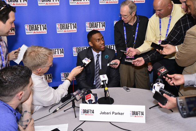 NEW YORK - JUNE 25: NBA Draft Prospect Jabari Parker,  speaks to the media during media availability as part of the 2014 NBA Draft on June 25, 2014 at the Westin Times Square in New York City. NOTE TO USER: User expressly acknowledges and agrees that, by downloading and/or using this photograph, user is consenting to the terms and conditions of the Getty Images License Agreement.  Mandatory Copyright Notice: Copyright 2013 NBAE (Photo by David Dow/NBAE via Getty Images)