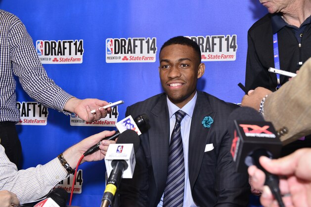 NEW YORK - JUNE 25: NBA Draft Prospect Jabari Parker,  speaks to the media during media availability as part of the 2014 NBA Draft on June 25, 2014 at the Westin Times Square in New York City. NOTE TO USER: User expressly acknowledges and agrees that, by downloading and/or using this photograph, user is consenting to the terms and conditions of the Getty Images License Agreement.  Mandatory Copyright Notice: Copyright 2013 NBAE (Photo by David Dow/NBAE via Getty Images)