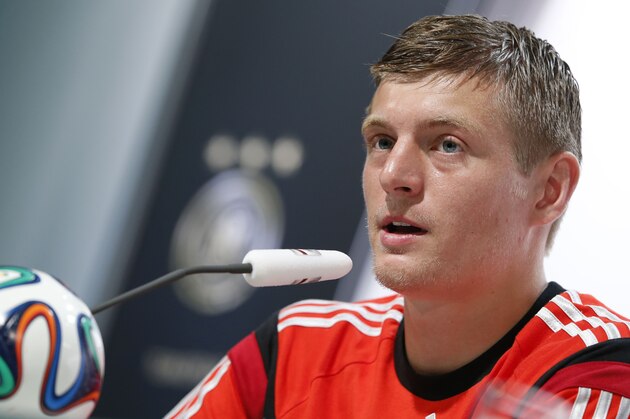 Germany national soccer player Toni Kroos attends a news conference in Santo Andre near Porto Seguro, Brazil, Wednesday, June 18, 2014. Germany play in group G of the 2014 soccer World Cup. (AP Photo/Matthias Schrader)